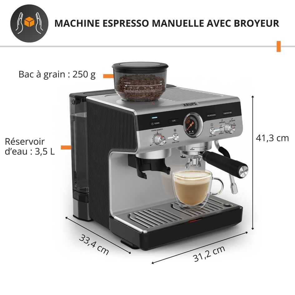 KRUPS Precision, Machine Expresso Manuelle avec moulin, 30 Niveaux de mouture, 15 Bars, KRUPS XP801T10